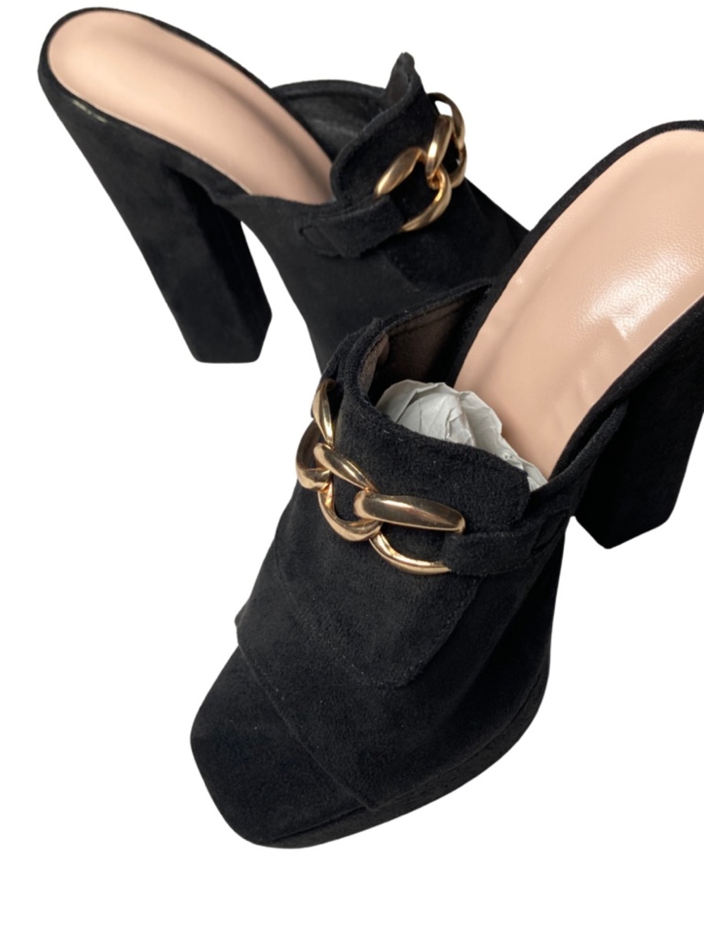 Black faux suede platform mules with gold chain detail #glamour #heels #skyhigh
